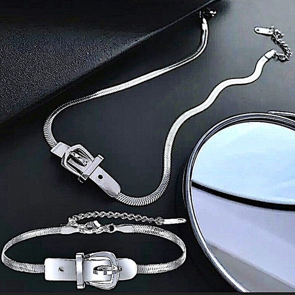 Buckle Design Sterling Silver Choker Matching Bracelet Set - Picture 1 of 10
